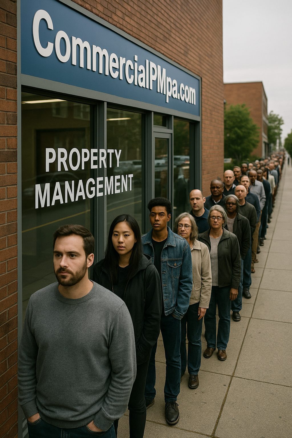 People standing in a long line outside a commercial property management office with 'CommercialPMpa.com Property Management' signage on the storefront, illustrating high demand and foot traffic in Philadelphia.