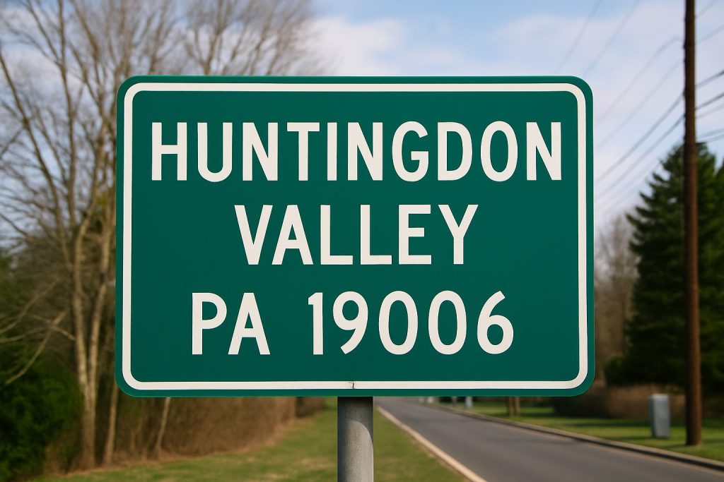 Green road sign reading 'Huntingdon Valley PA 19006' along a rural road, representing the location of commercial properties managed by Commercial PM Pennsylvania.