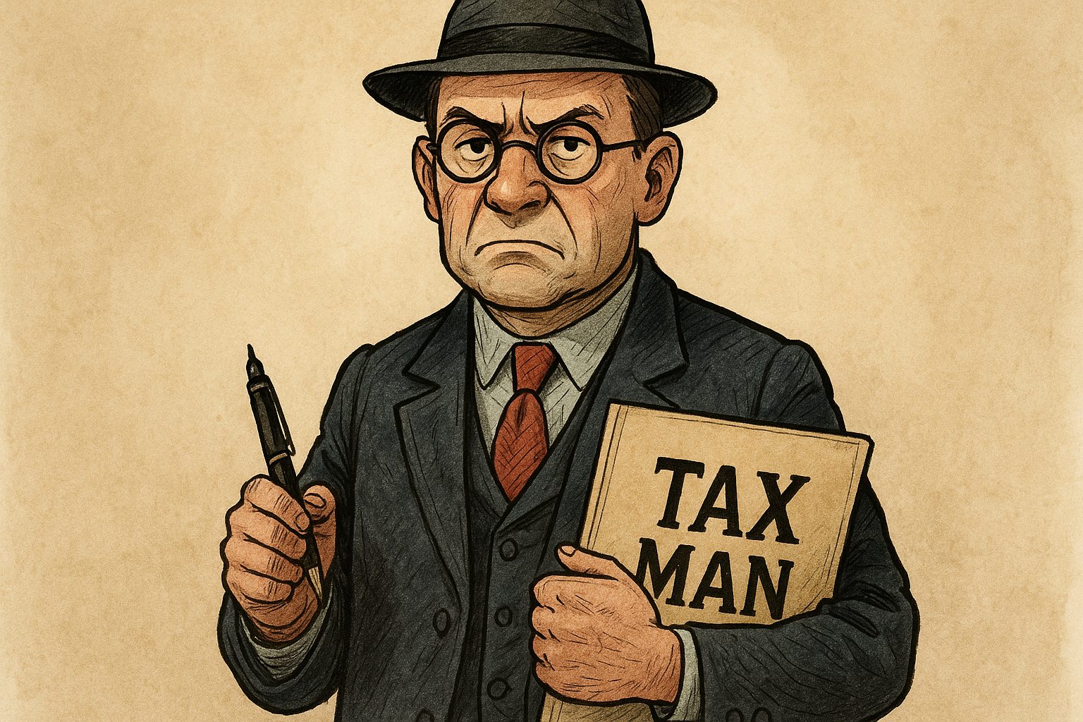 Illustration of a stern tax official in a hat and glasses holding a pen and a folder labeled 'TAX MAN', representing tax obligations and landlord tax compliance in Philadelphia.