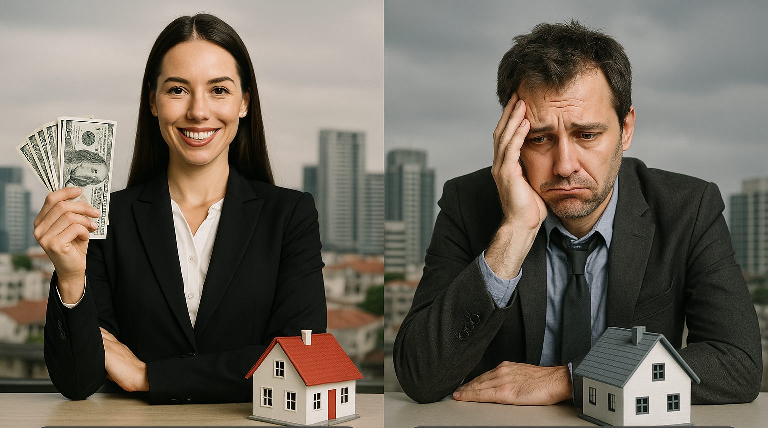 Split-screen image of investor success versus failure; left panel shows a smiling businesswoman holding cash beside a model house, right panel shows a worried businessman with a model house, illustrating the difference between successful and unsuccessful real estate investors.