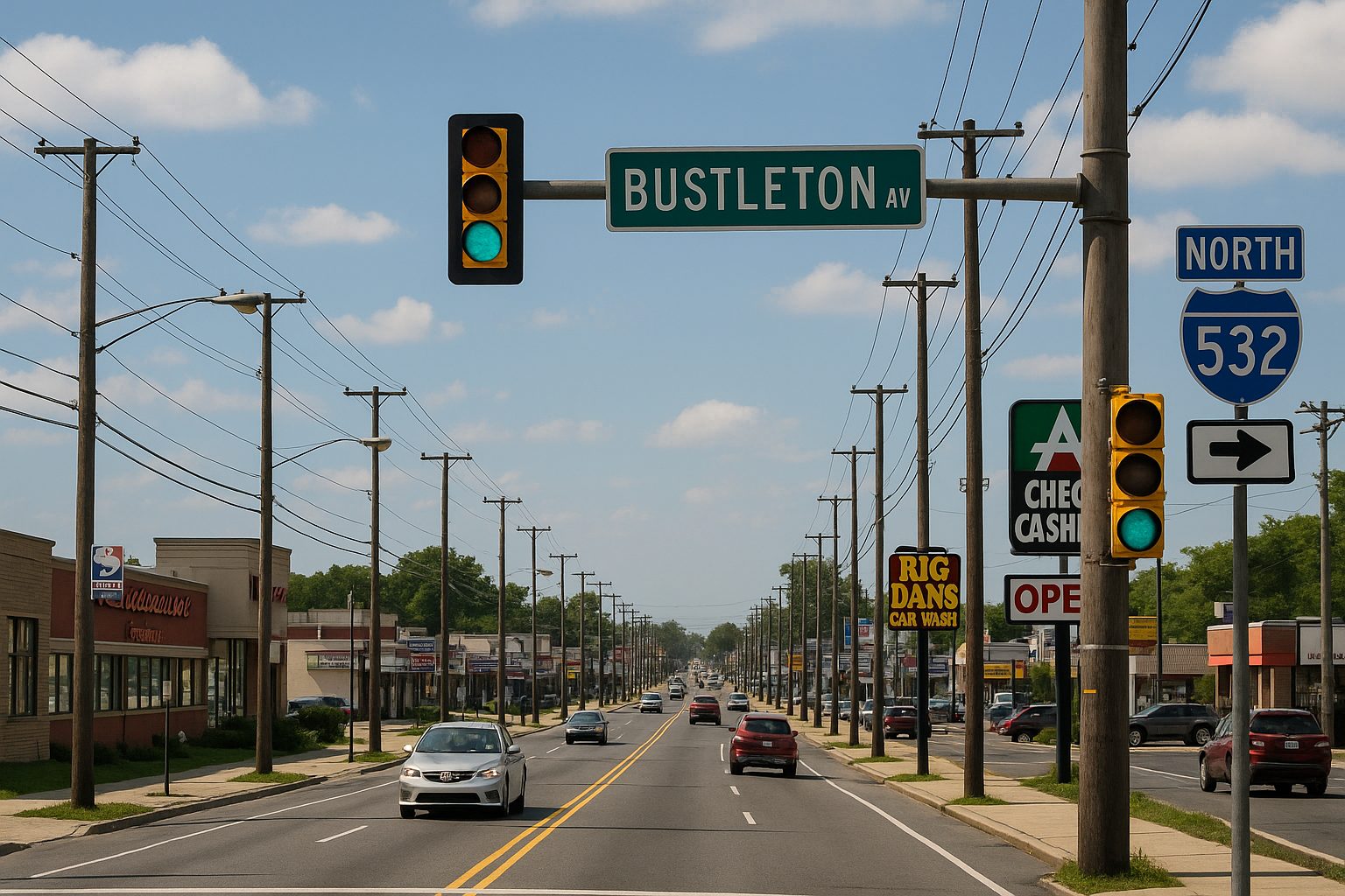 Commercial real estate along Bustleton Avenue in Philadelphia, showing traffic lights, shops, and signage for Route 532, representing commercial corridor managed by Commercial PM Pennsylvania.