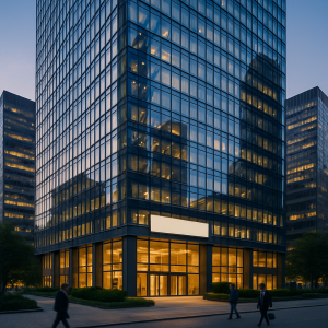Modern office building with reflective glass facade at dusk representing commercial office space in Philadelphia & Bucks County managed by Commercial PM Pennsylvania.