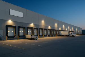Industrial warehouse building with loading docks at dusk for logistics operations in Philadelphia managed by Commercial PM Pennsylvania