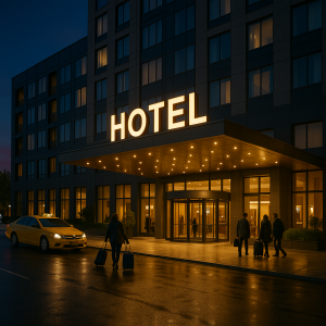 Hotel building at night with illuminated sign and entrance representing hospitality property managed by Commercial PM Pennsylvania in Philadelphia and Bucks County