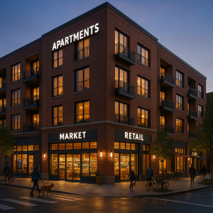 Mixed-use building with apartments and ground-floor retail market in an urban area managed by Commercial PM Pennsylvania.