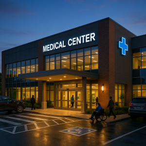 Medical center building with illuminated signage in the Philadelphia region managed by Commercial PM Pennsylvania.