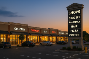 Strip mall shopping center at sunset featuring grocery, pharmacy, hair salon, pizza, dry cleaner, and coffee shops in a retail plaza managed by Commercial PM Pennsylvania in Philadelphia & Bucks County.