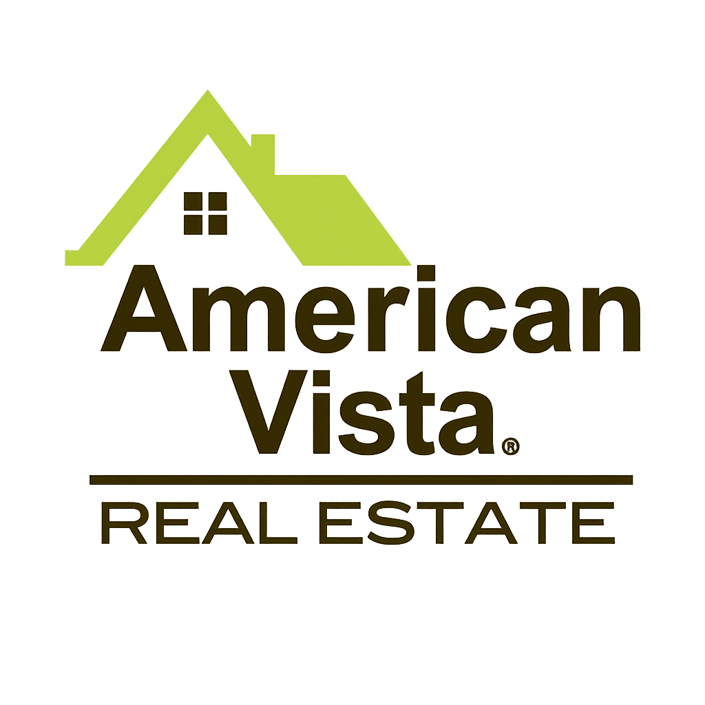 Logo for American Vista Real Estate featuring a green roof representing residential real estate services in Philadelphia and Bucks County.