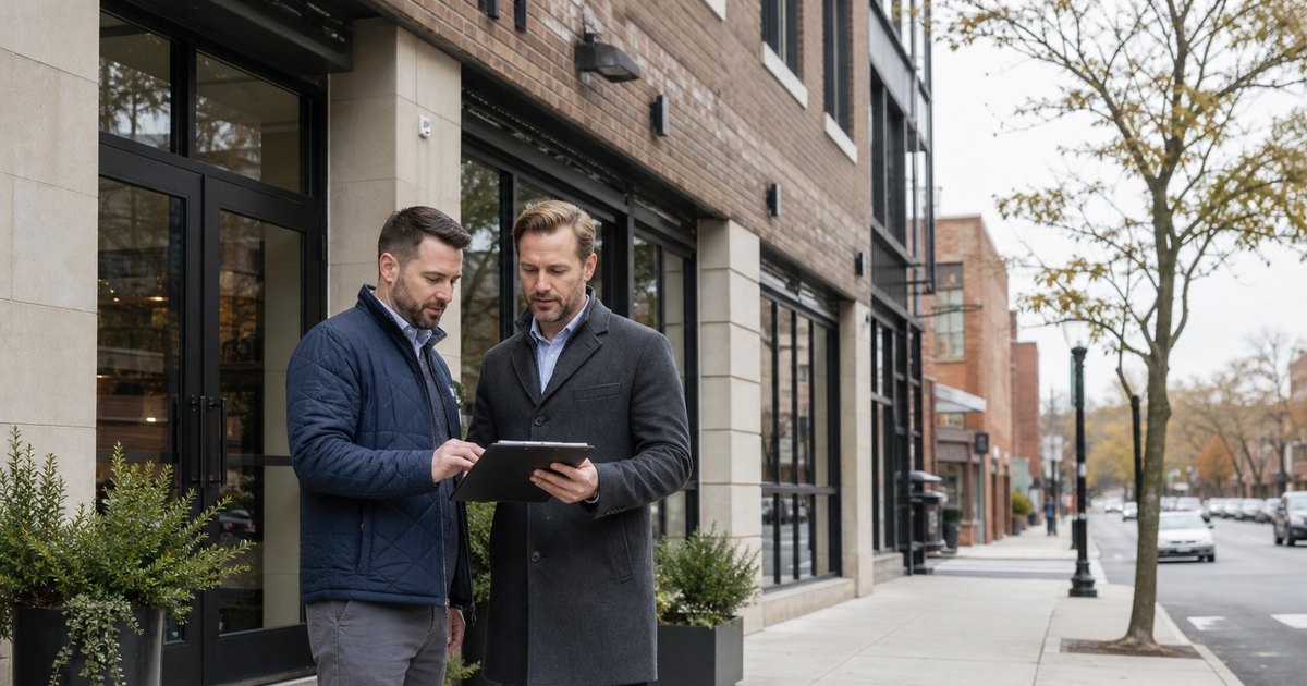 Property manager and commercial building owner reviewing maintenance and budget planning outside a Philadelphia-area mixed-use property