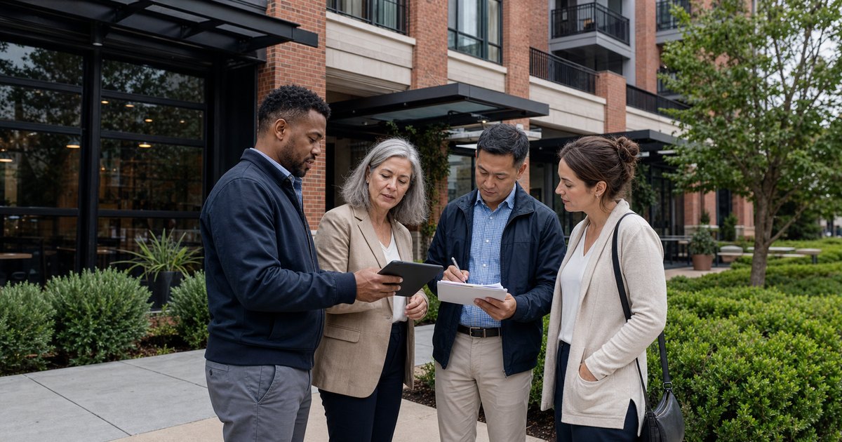 Association board members and property manager reviewing maintenance planning outside a Greater Philadelphia mixed-use property