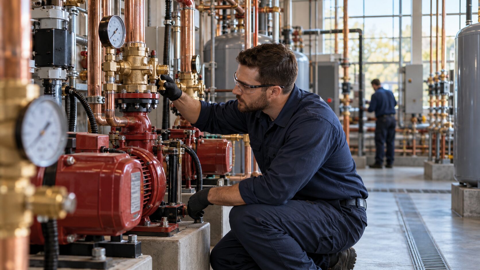 AI-generated editorial image of a technician maintaining pumps and valves in a commercial mechanical room