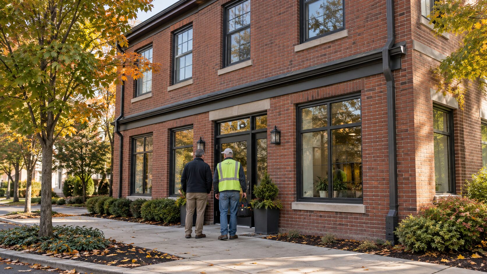 AI-generated editorial image of a property owner and inspector checking a brick building in autumn