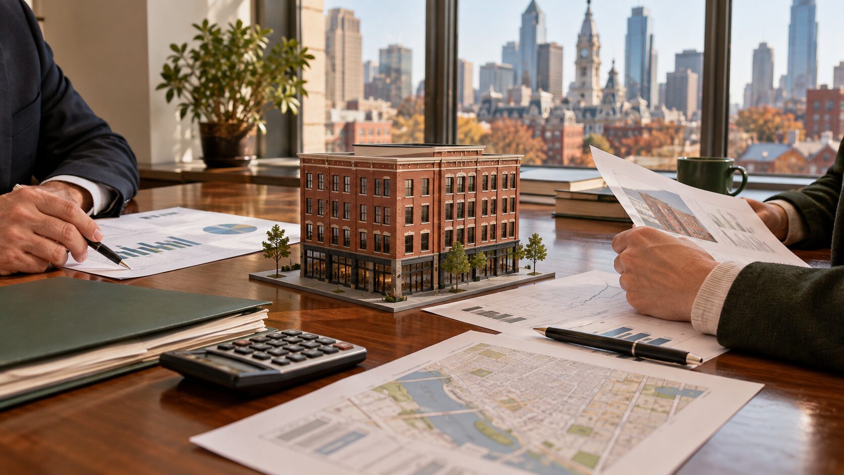 AI-generated editorial image of advisors reviewing property valuations beside a commercial building model