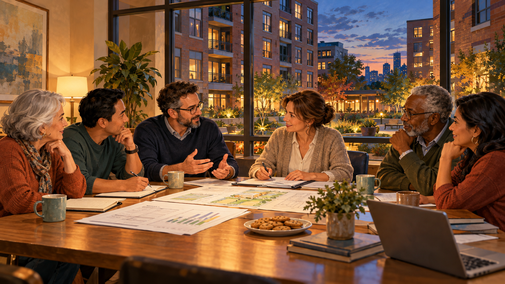 Condominium owners and volunteer board members discussing building plans around a community table at dusk